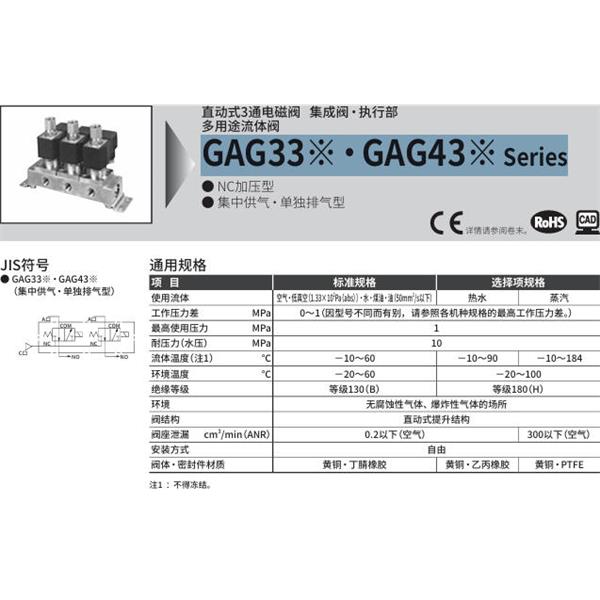 CKD喜開理多種流體直動(dòng)式2通電磁集成閥GAG433N-5-10-DC 100V