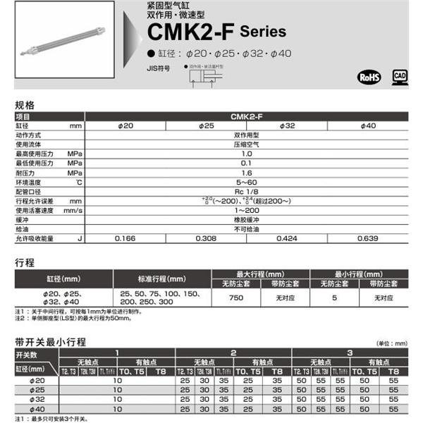 CKD喜開理緊固型氣缸CMK2-F-00-20-100-MI