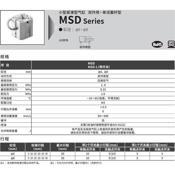 CKD喜開理小型帶線性導軌緊湊型氣缸MSD-L-8-30-F0H-R-R